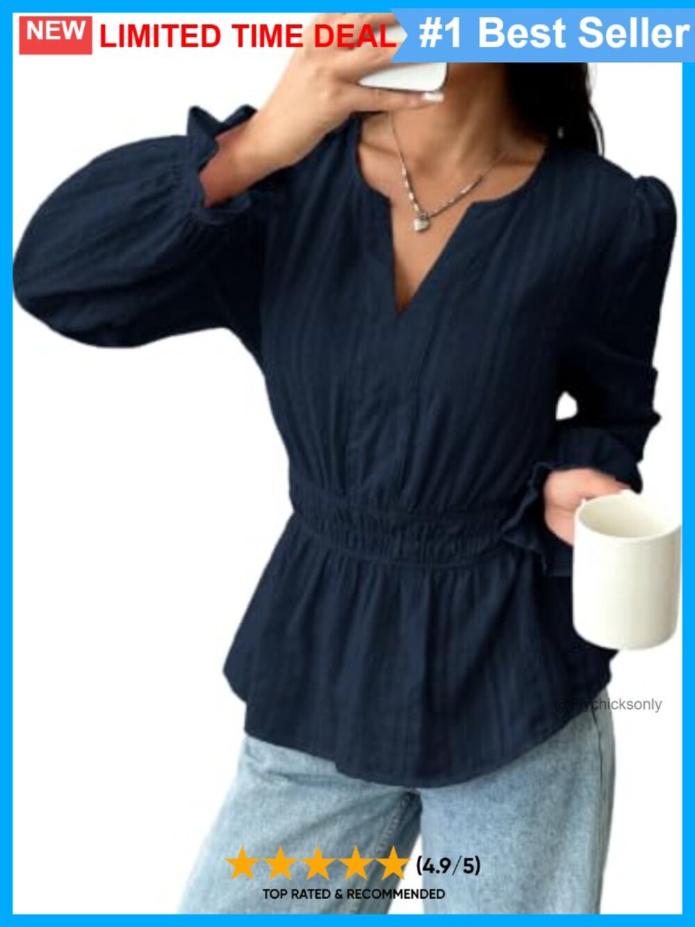 Long Sleeve Cotton V-Neck Peplum Blouse Fit & Flare Office Top